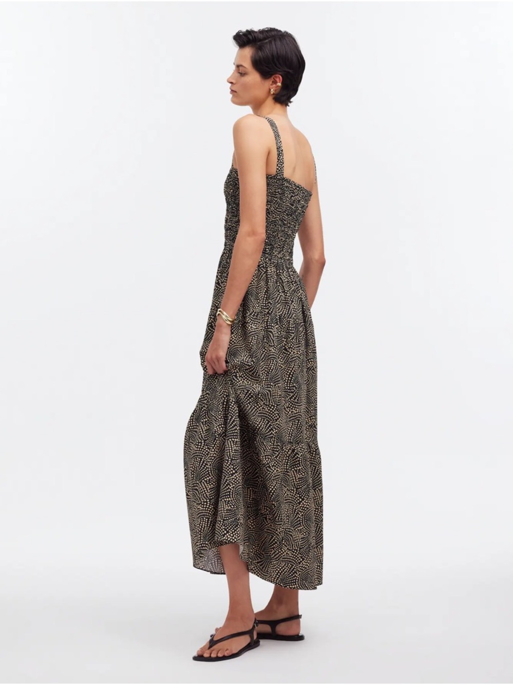 Smocked Strappy Maxi Dress in Black/Cream